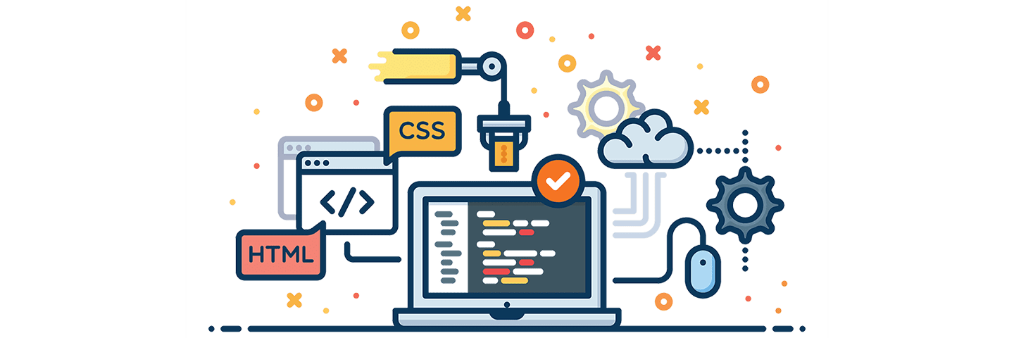 WORDPRESS-blog-post-min1 Cartoon illustration of computer with cloud, gear icons and html code