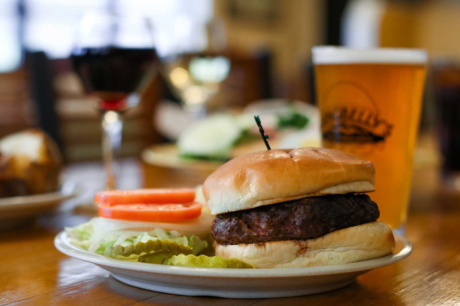 Food photography burger with draft beer