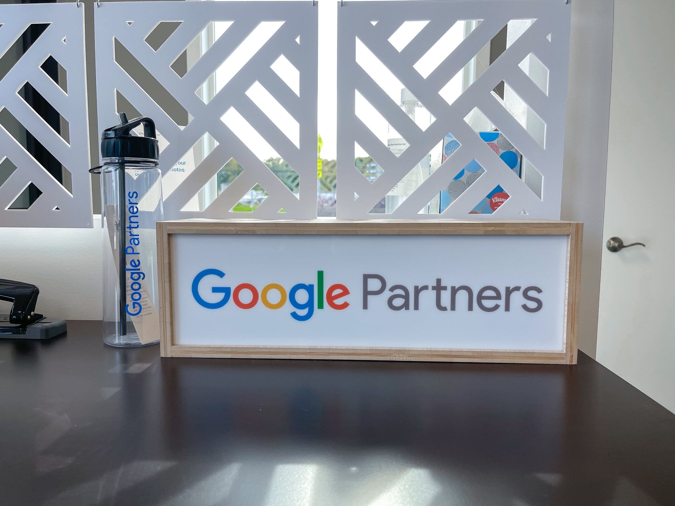 google partners light box and water bottle